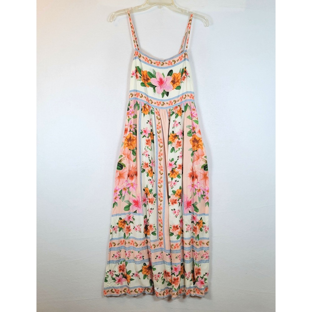 Yumi Kim Womens Pebble Floral Smocked Tank Midi Dress Pockets Size Medium Pink